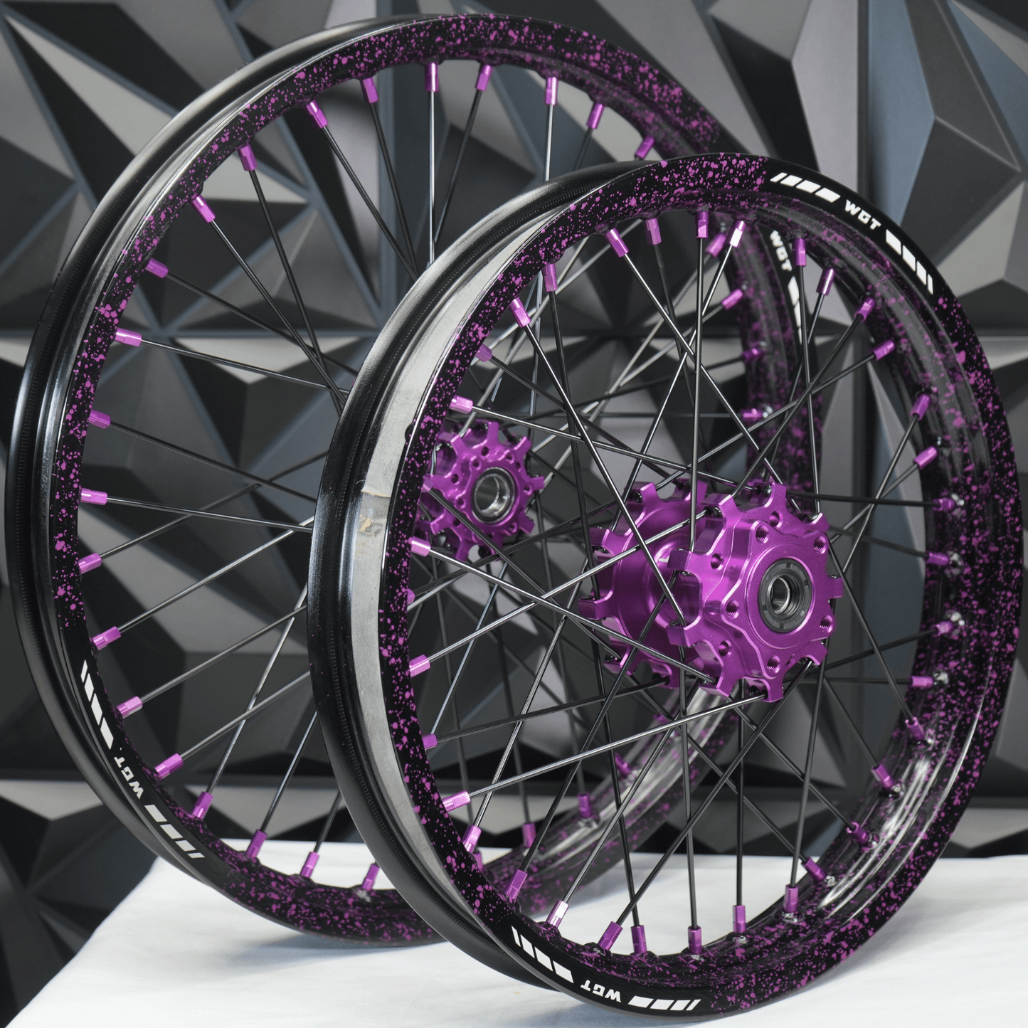 WGT Splattered V2 19x16 Wheel Set - BLACKOUT moto